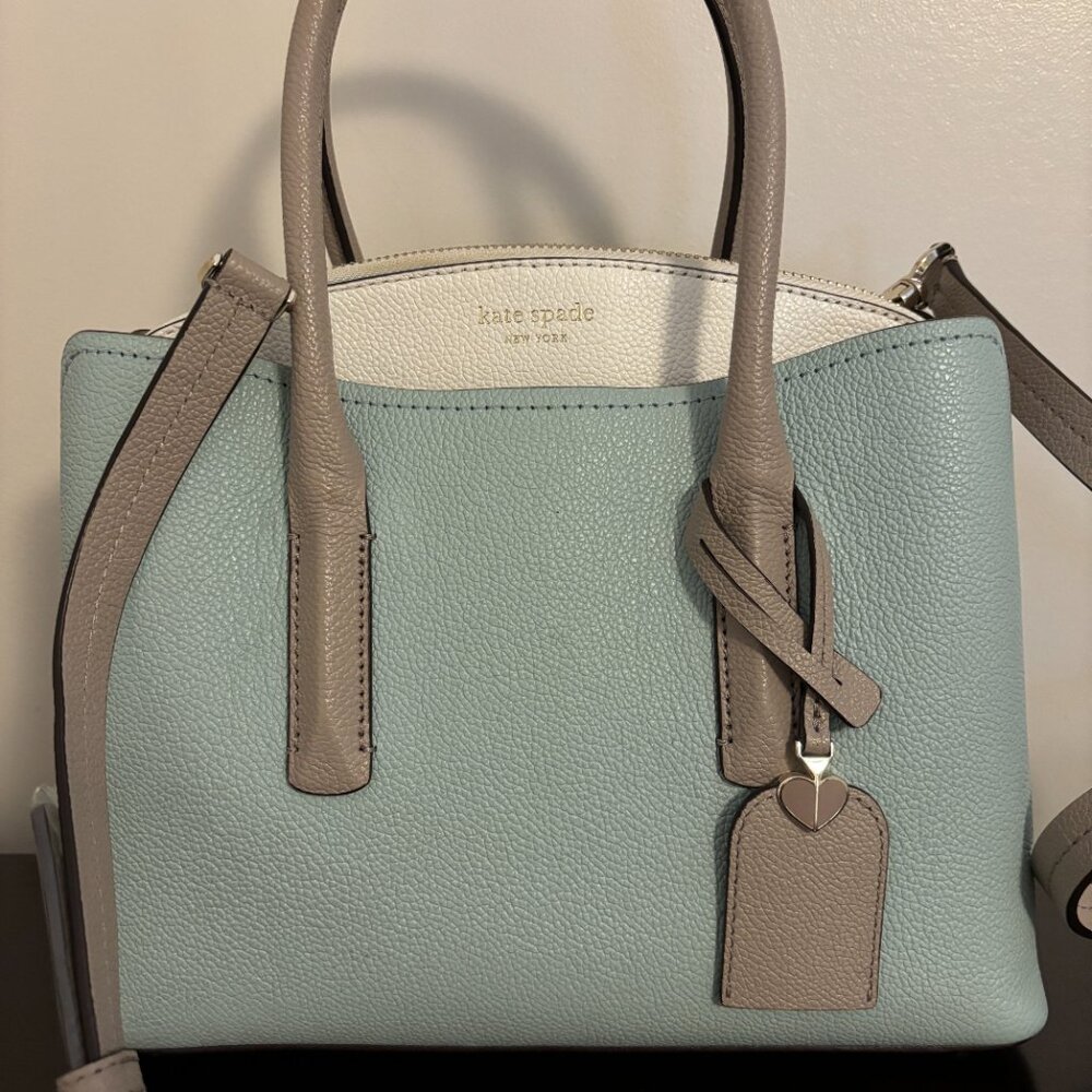 Kate Spade Medium Margaux Gray Blue White Leather Satchel - Picture 2 of 11